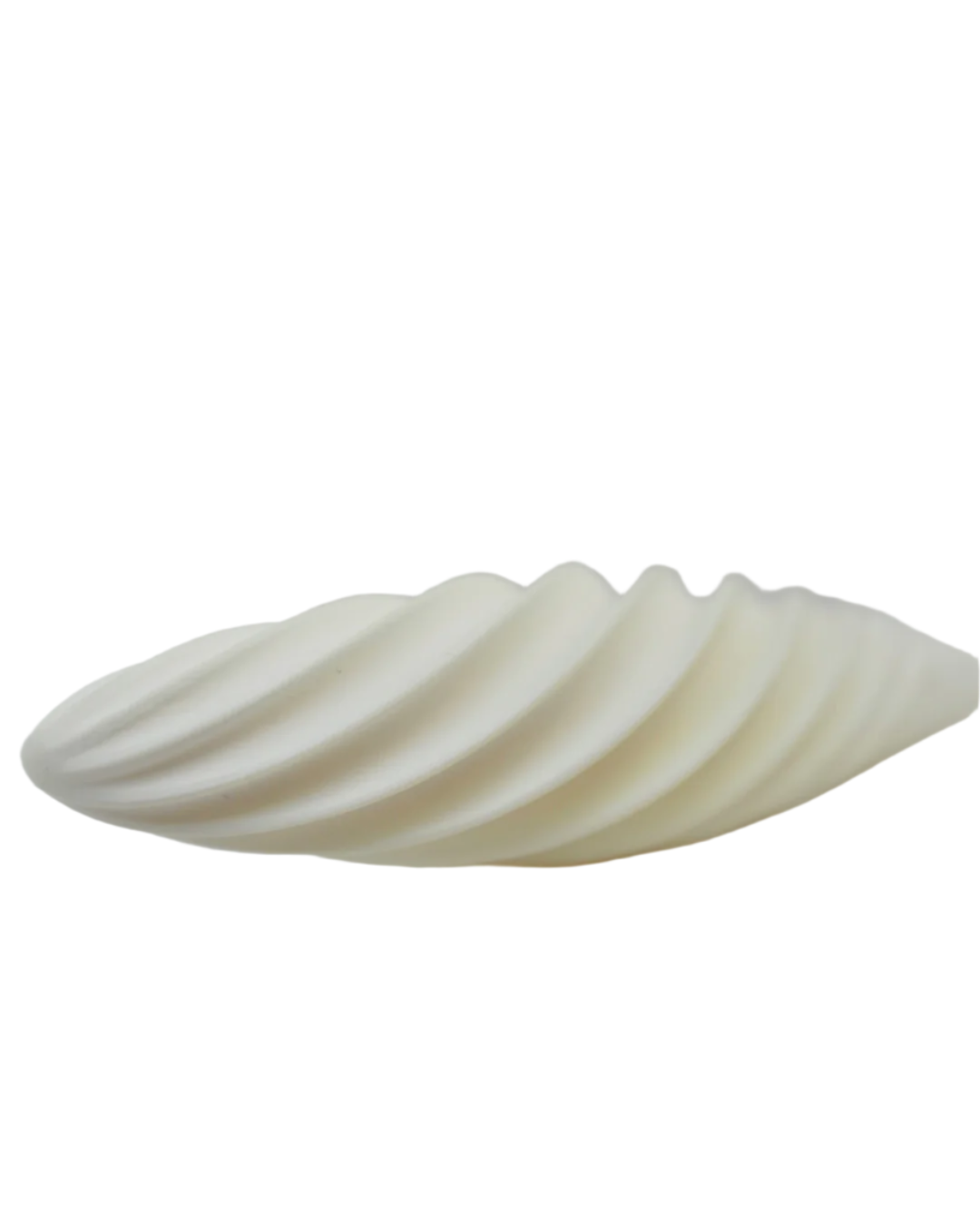 Side view of the Fevowell Facer resting on fabric, showcasing its sculpted ceramic shape and flowing spiral design