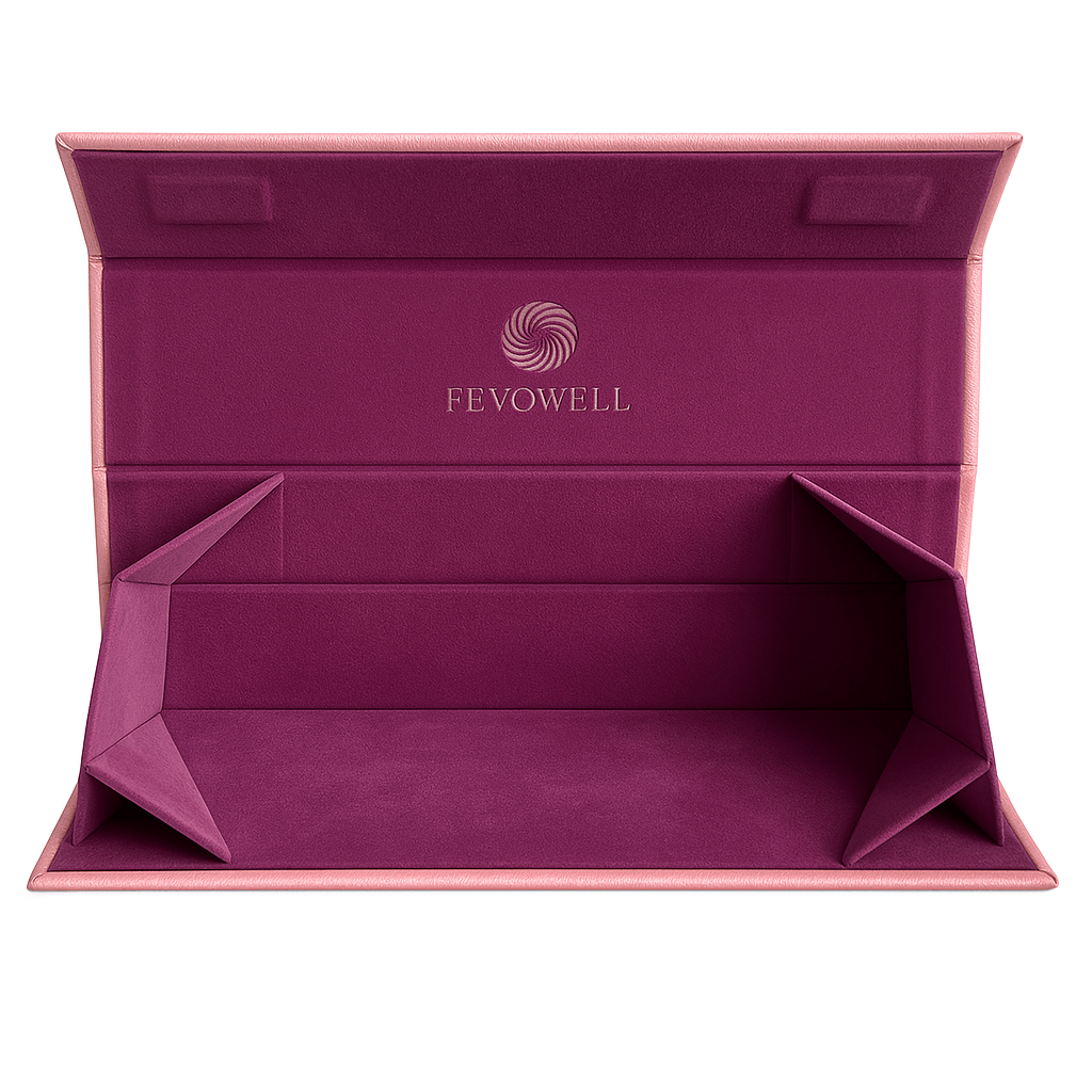 Interior view of the Fevowell packaging box in deep plum color with embossed logo, showcasing elegant structural design