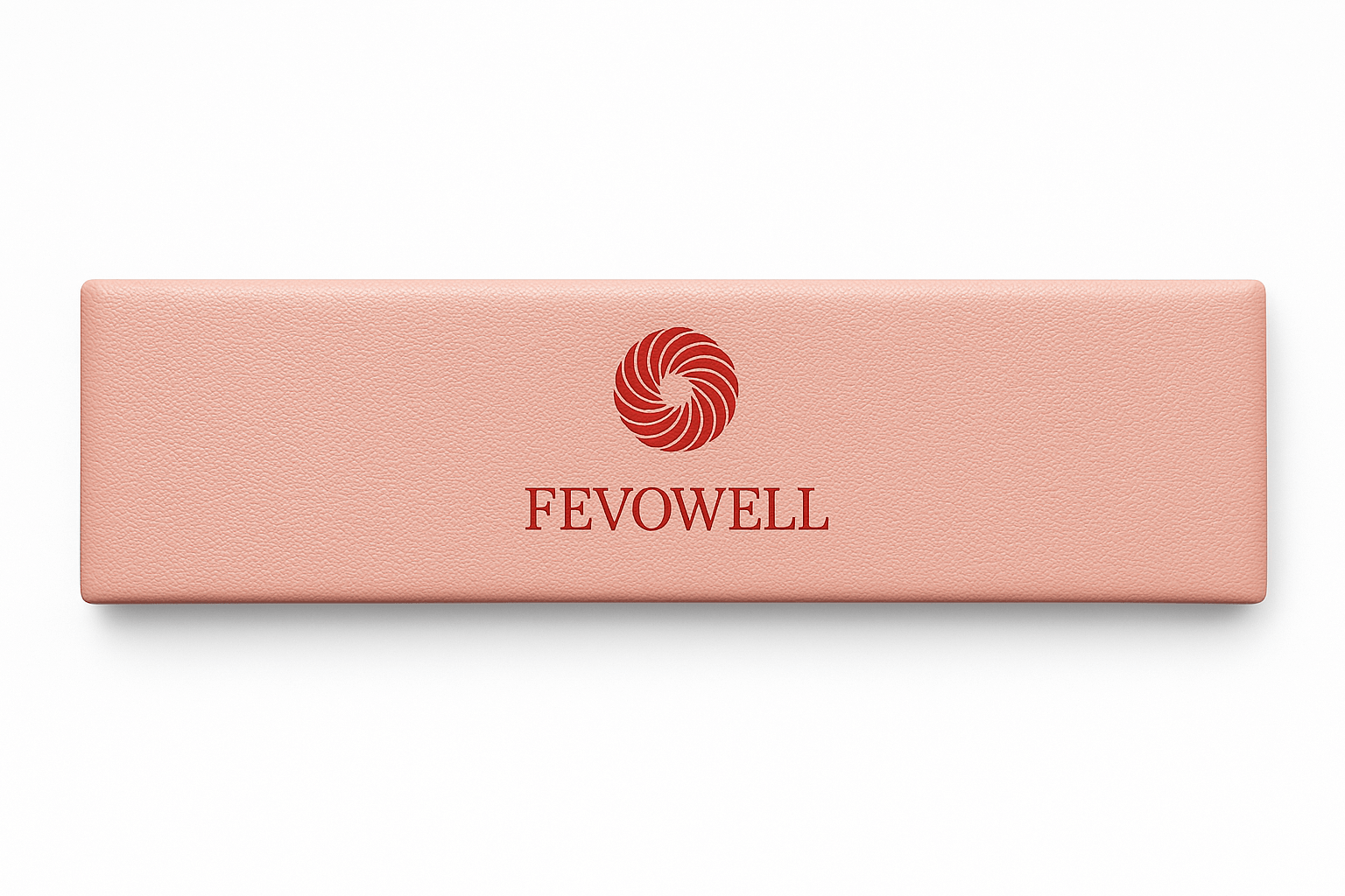 Fevowell packaging box in soft sand-pink tone with embossed red logo, minimal and luxurious presentation