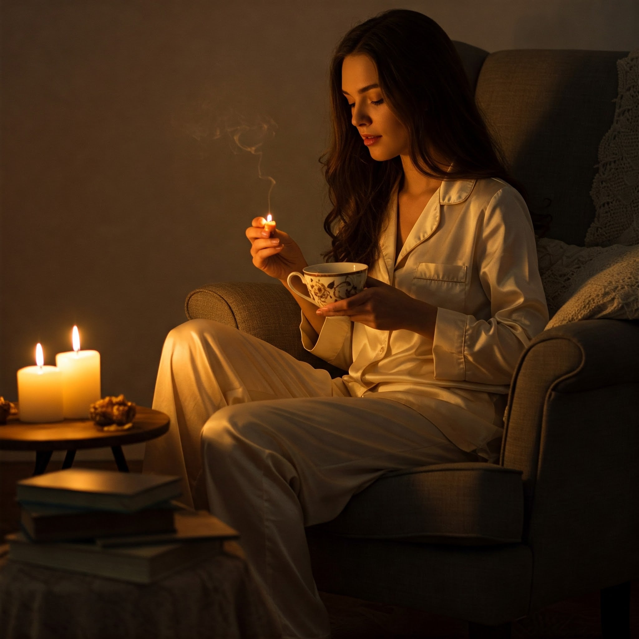 Woman relaxing on a sofa at night with tea and candlelight, peacefully unwinding after using the Fevowell Facer in her evening skincare ritual