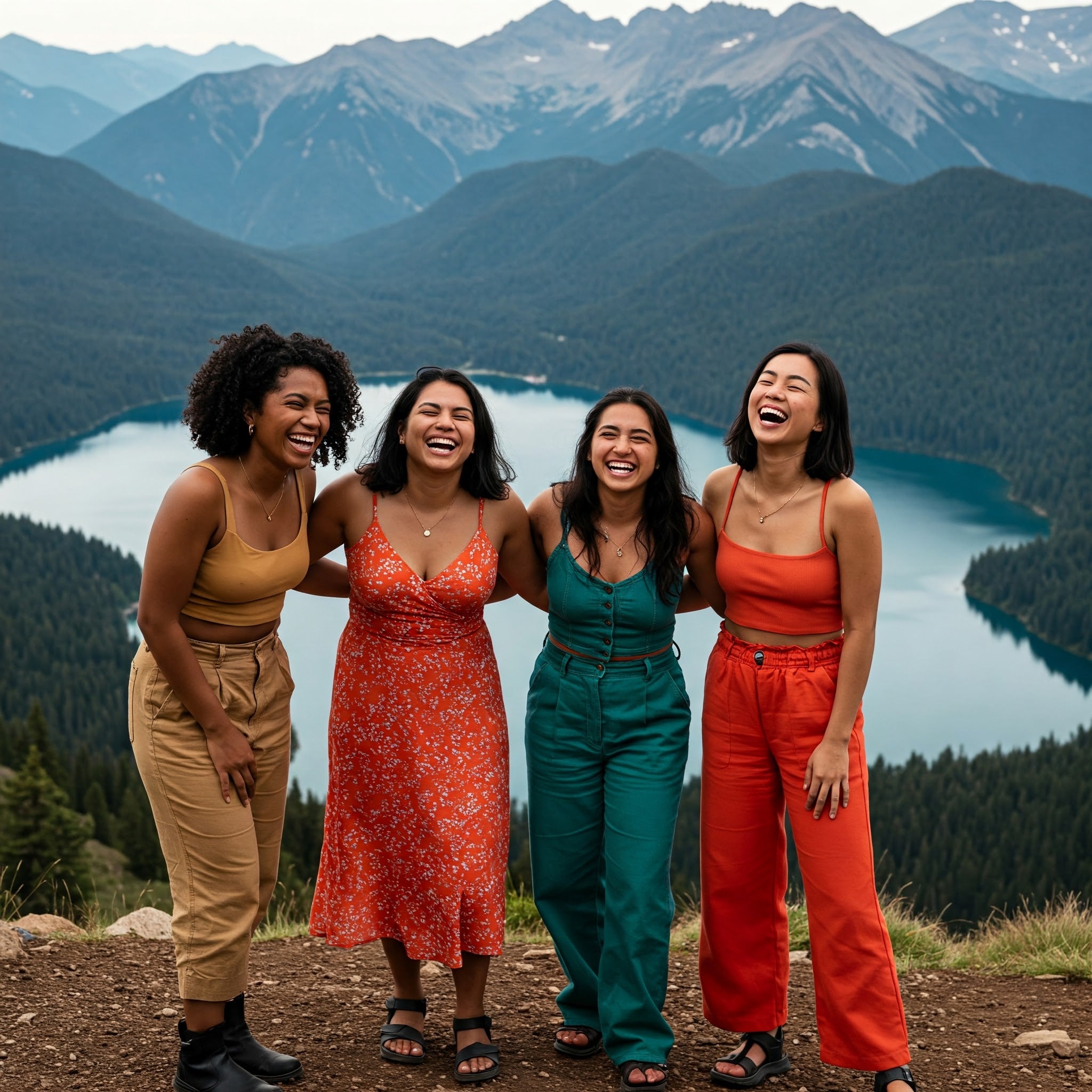 Four women standing together outdoors, smiling and laughing in front of a mountain lake, radiating joy and connection through shared selfcare moments