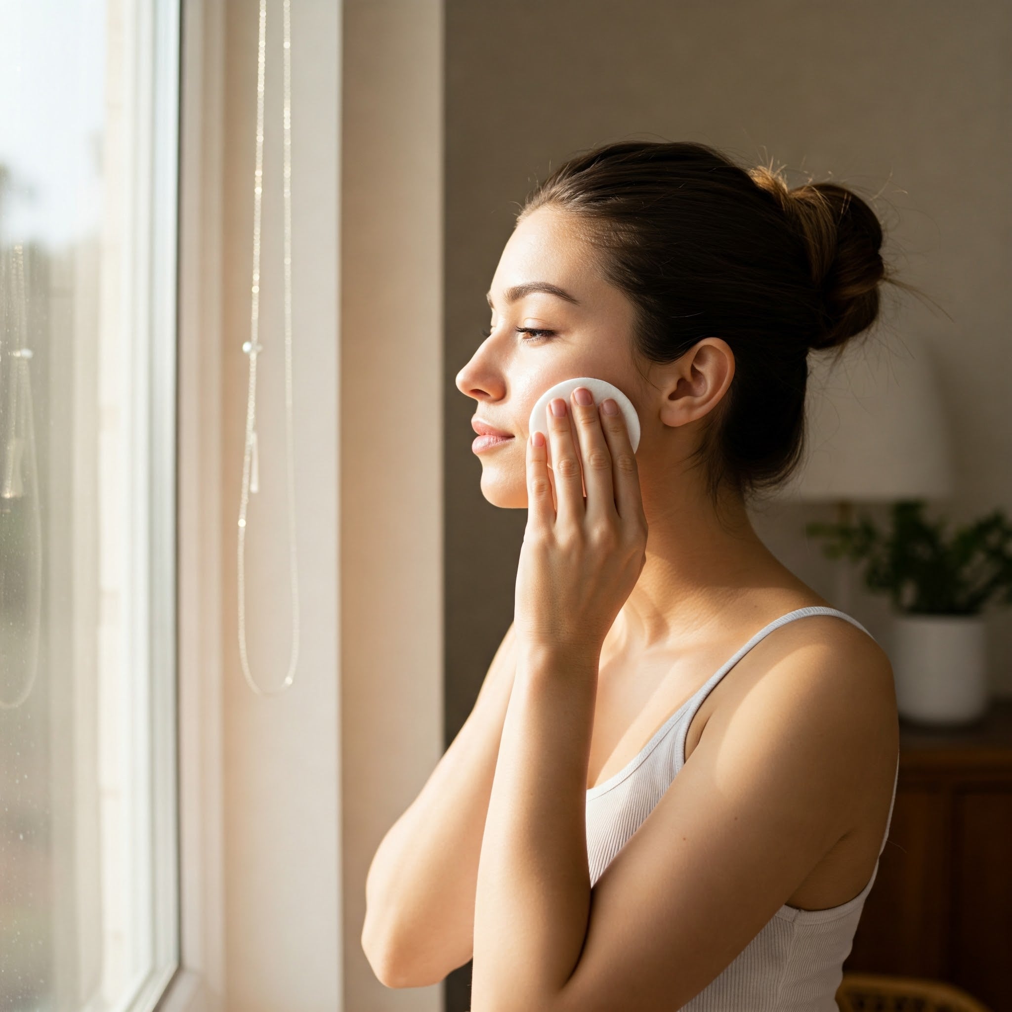 Woman gently cleansing her face  and preparing her skin for the Fevowell facial sculpting ritual