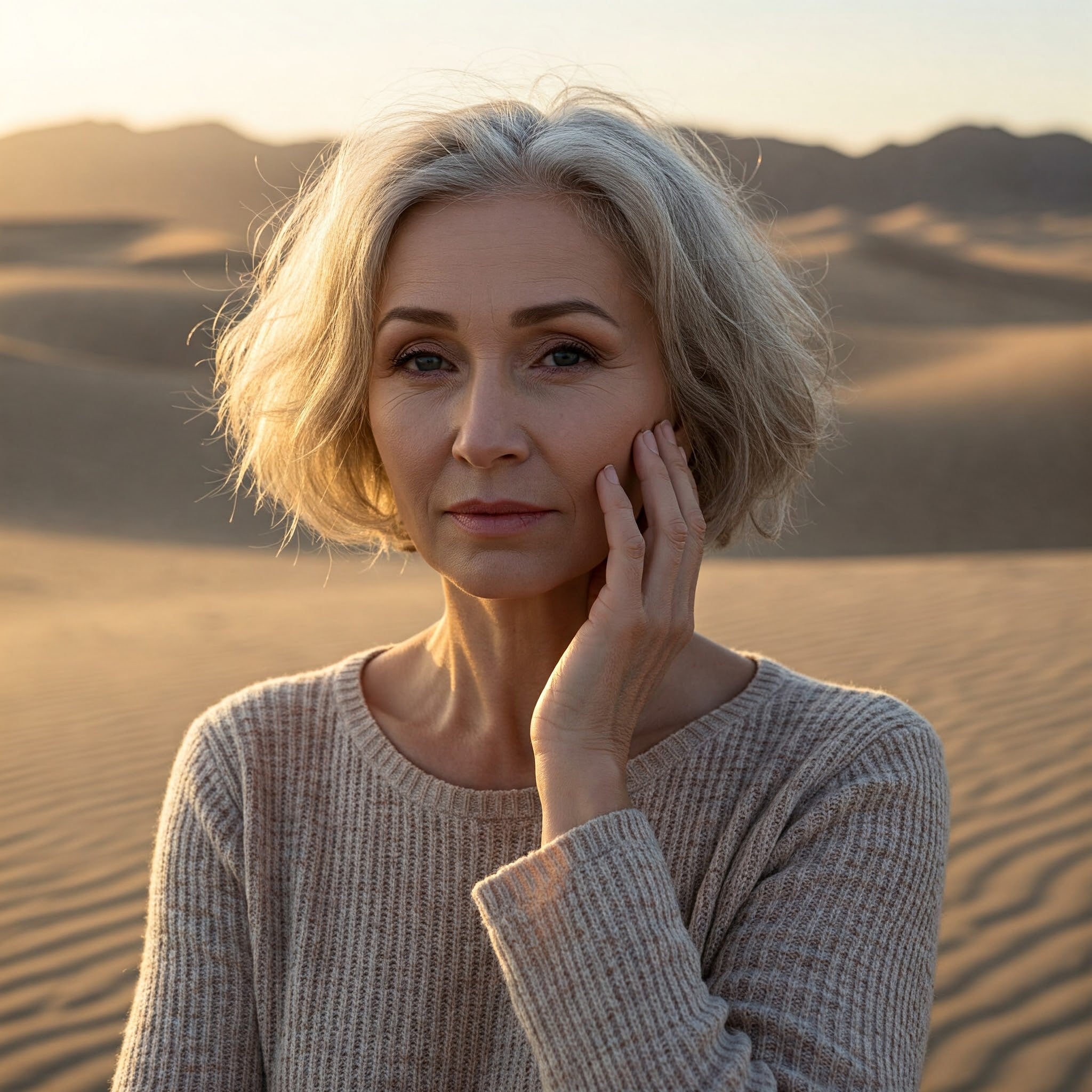 Roswitha smiling softly after completing her Fevowell facial massage ritual, showcasing natural glow and relaxed confidence in the desert